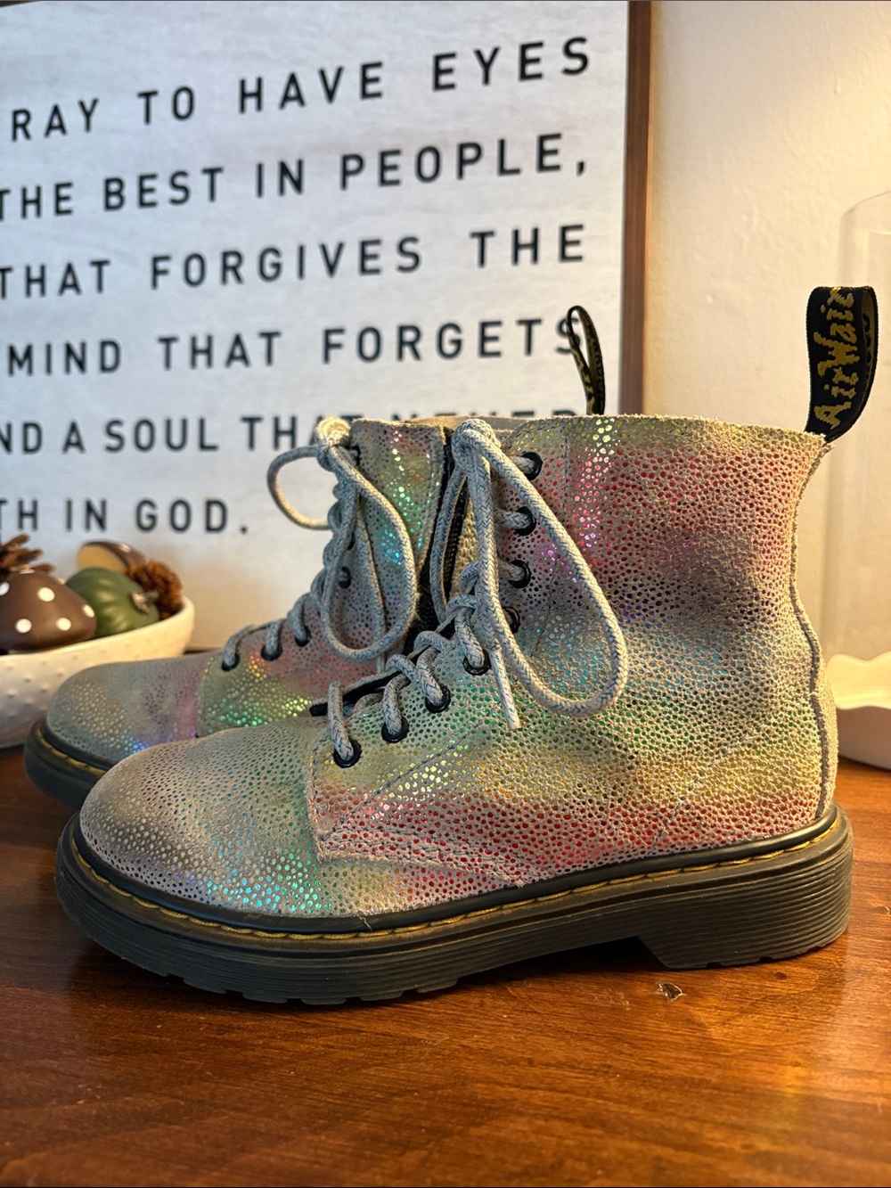 DR MARTEN 1460 Pascal Iridescent Rainbow Lace Up Boot Kids Size 1
